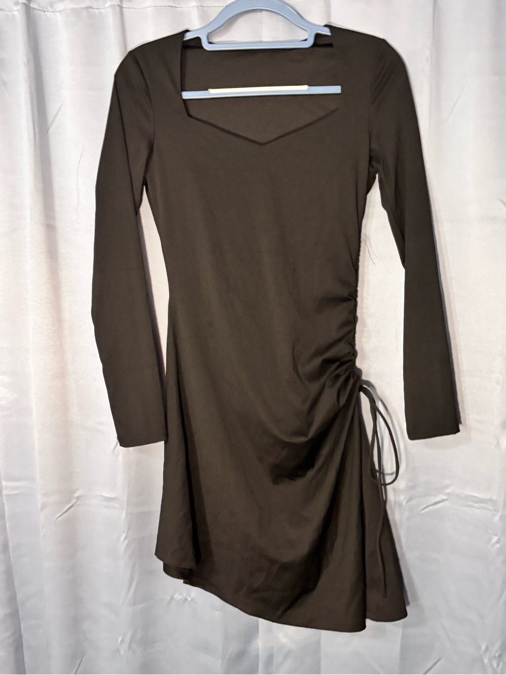 New! Long Sleeve Black Ruched Side Tie Dress